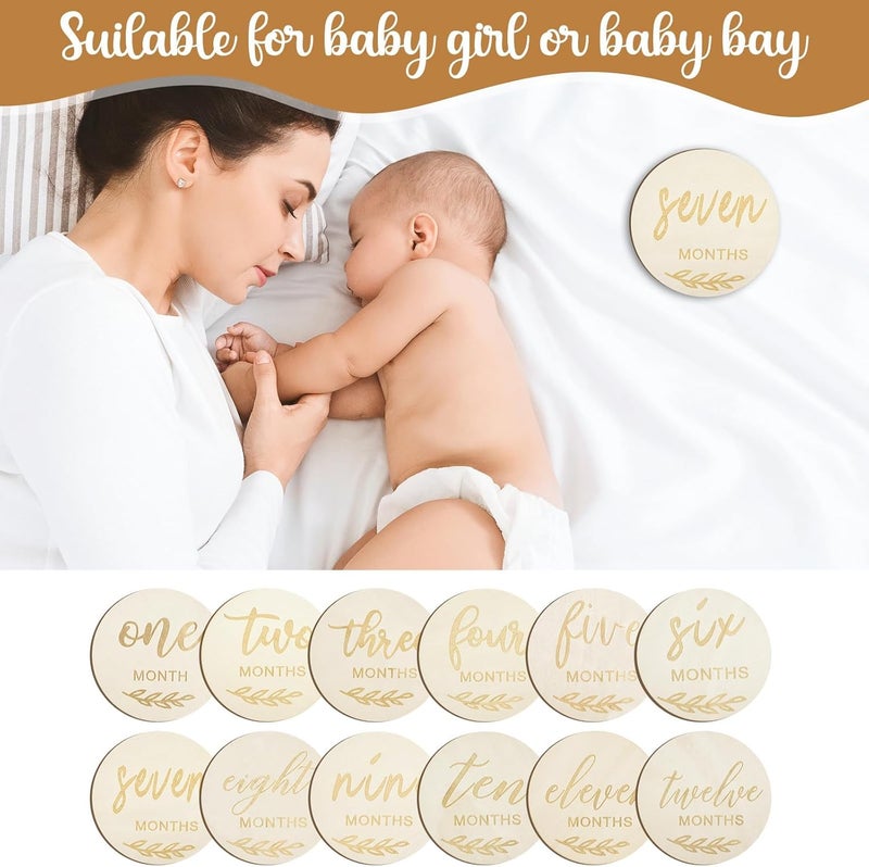 Excefore 14PCS Wooden Baby Monthly Milestone Discs, Eco-Friendly Baby Growth Marker Cards for Newborn Photo Prop, Baby Shower Gifts, DIY Crafts, Monthly Age Announcement, Decoration Ornaments - Image 4