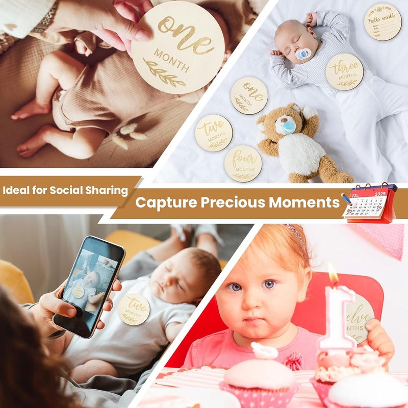 Excefore 14PCS Wooden Baby Monthly Milestone Discs, Eco-Friendly Baby Growth Marker Cards for Newborn Photo Prop, Baby Shower Gifts, DIY Crafts, Monthly Age Announcement, Decoration Ornaments - Image 5