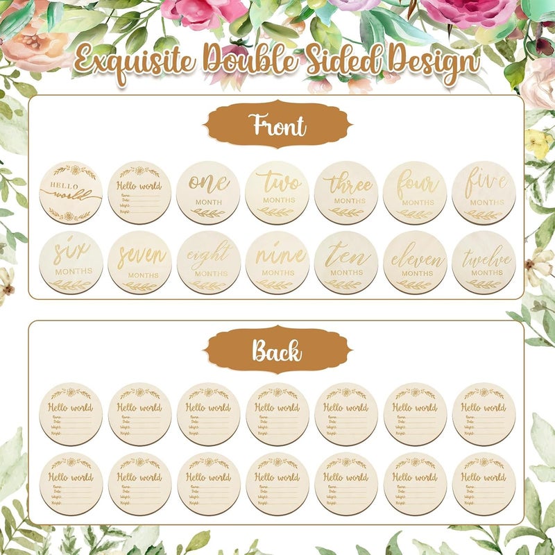 Excefore 14PCS Wooden Baby Monthly Milestone Discs, Eco-Friendly Baby Growth Marker Cards for Newborn Photo Prop, Baby Shower Gifts, DIY Crafts, Monthly Age Announcement, Decoration Ornaments - Image 3