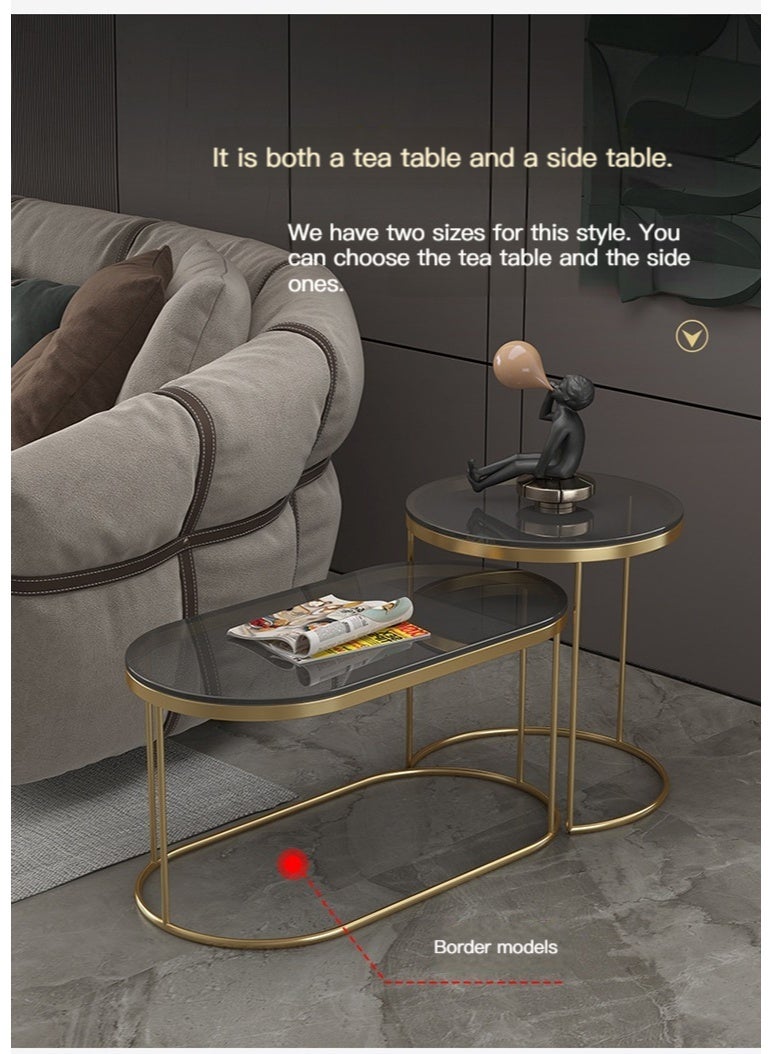 l'elefante 2-Piece Modern Glass Coffee Table Set – Tempered Glass Top with Gold Metal Frame – Oval Table (100×50×45 cm) + Round Table (60×50 cm) – Fully Assembled, No Installation – Luxury Living Room, Majlis & Office Center Tables  - Image 3