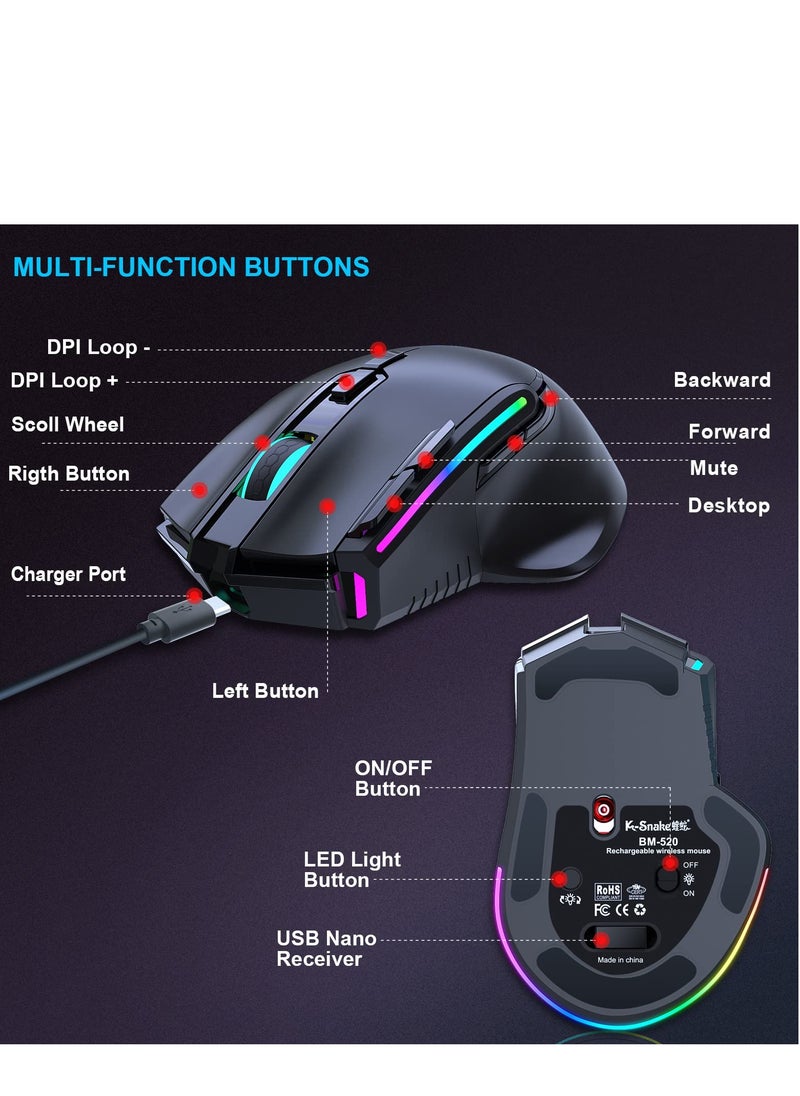 SYOSI - Wireless Gaming Mouse, Wired and Wireless Dual Modes Rechargeable RGB Gaming Mouse with 7 Buttons, Ergonomic and 3 Adjustable DPI Levels up to 3200 DPI for PC Laptop Gamer (Black) - Image 1