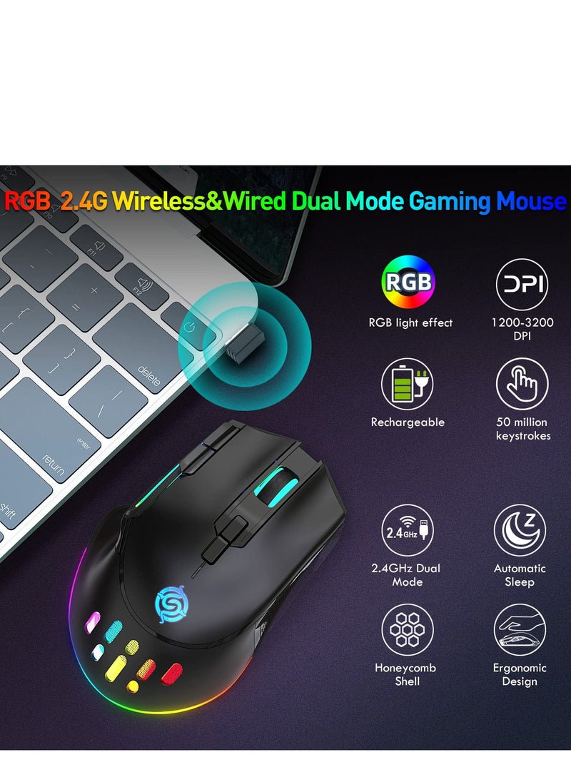 SYOSI - Wireless Gaming Mouse, Wired and Wireless Dual Modes Rechargeable RGB Gaming Mouse with 7 Buttons, Ergonomic and 3 Adjustable DPI Levels up to 3200 DPI for PC Laptop Gamer (Black) - Image 1