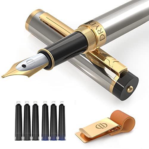 Dryden Designs Fountain Pen - Medium Nib 0.5mm | Includes 6 Ink Cartridges (3 Black, 3 Blue), Notebook Clips and Ink Refill Converter | - Silver. - Image 1