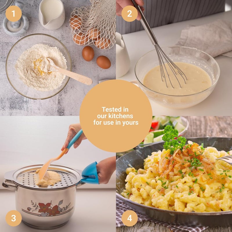 Qualiteia غطاء صانع السبتيزل - مجموعة مع ملعقة سيليكون و 2 كوب قياس، أداة نودلز ألمانية، أداة سبتيزل من الفولاذ المقاوم للصدأ، نودلز سبتيزل الألمانية، غطاء ضغط سبتيزل، تقليدي، صانع مكرونة يدوي - Image 5