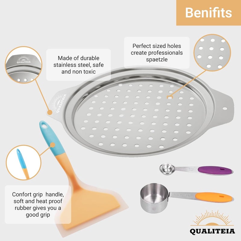 Qualiteia غطاء صانع السبتيزل - مجموعة مع ملعقة سيليكون و 2 كوب قياس، أداة نودلز ألمانية، أداة سبتيزل من الفولاذ المقاوم للصدأ، نودلز سبتيزل الألمانية، غطاء ضغط سبتيزل، تقليدي، صانع مكرونة يدوي - Image 3