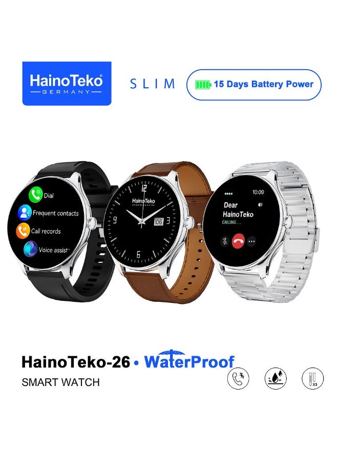 Haino Teko 26 Slim Waterproof Smartwatch with AMOLED Display Bluetooth Calling 15 Days Battery Backup and 3 Pair Straps Designed for Gents Silver - Image 1