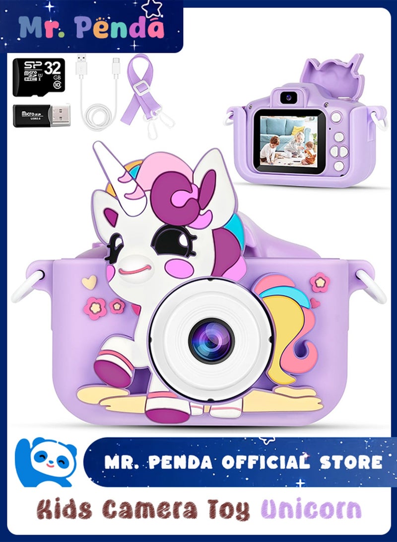 Mr. Penda Kids Toy Camera, Digital Camera for Toddlers, Portable Digital Camera with Video, for Boys and Girls Aged 3-12, Birthday Gift for Kids, with 32G SD Card and USB Reader (Purple Unicorn) - Image 1