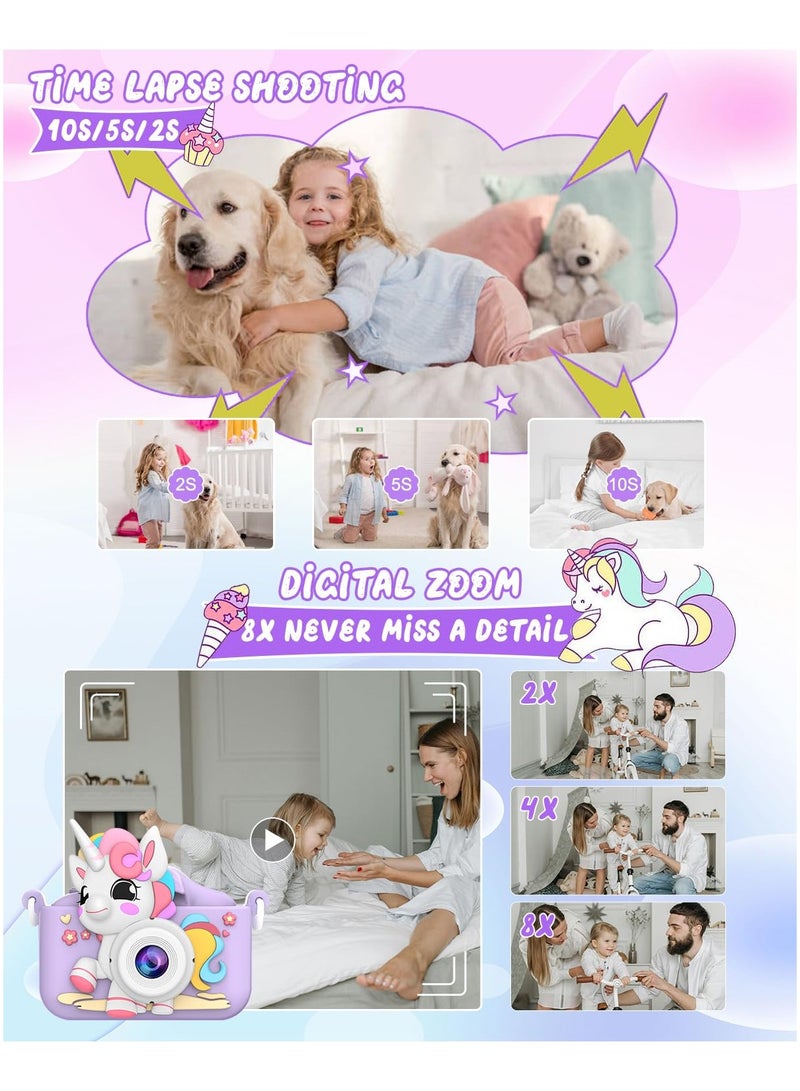 Mr. Penda Kids Toy Camera, Digital Camera for Toddlers, Portable Digital Camera with Video, for Boys and Girls Aged 3-12, Birthday Gift for Kids, with 32G SD Card and USB Reader (Purple Unicorn) - Image 4