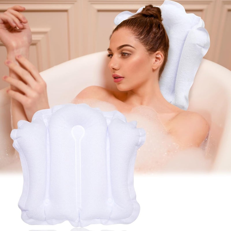 Jetec Jetec Inflatable Bath Pillow for Tub Non Slip Bathtub Pillow Soft Comfortable Terry Cloth Bath Pillow White Head Spa Pillow with Suction Cup for Bathtub Cushion, Hot Tub 