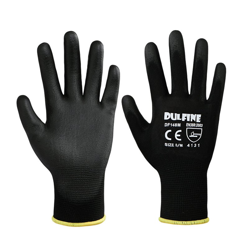 DULFINE قفازات عمل رفيعة للغاية مطلية بالبولي يوريثان - 12 زوجًا من قفازات العمل ذات قبضة ممتازة من النايلون الأسود المطلي بالبولي يوريثين، قفازات معصم محبوكة مثالية للعمل الخفيف. (صغير) - Image 2