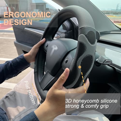 PINCTROT Comfy Grip Steering Wheel Cover for Tesla Model Y and Model 3, D Shaped 14 Inch Small Sized, Flat Bottom with 3D Honeycomb Anti-Slip Design (Comfy Grip Gray) - Image 2