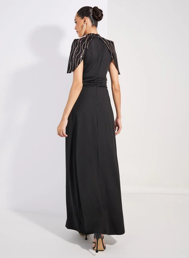 Styli Embellished Cape Empire Waist Maxi Dress