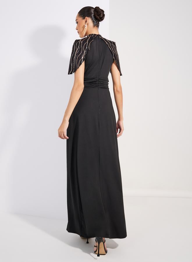 Styli Embellished Cape Empire Waist Maxi Dress  - Image 4