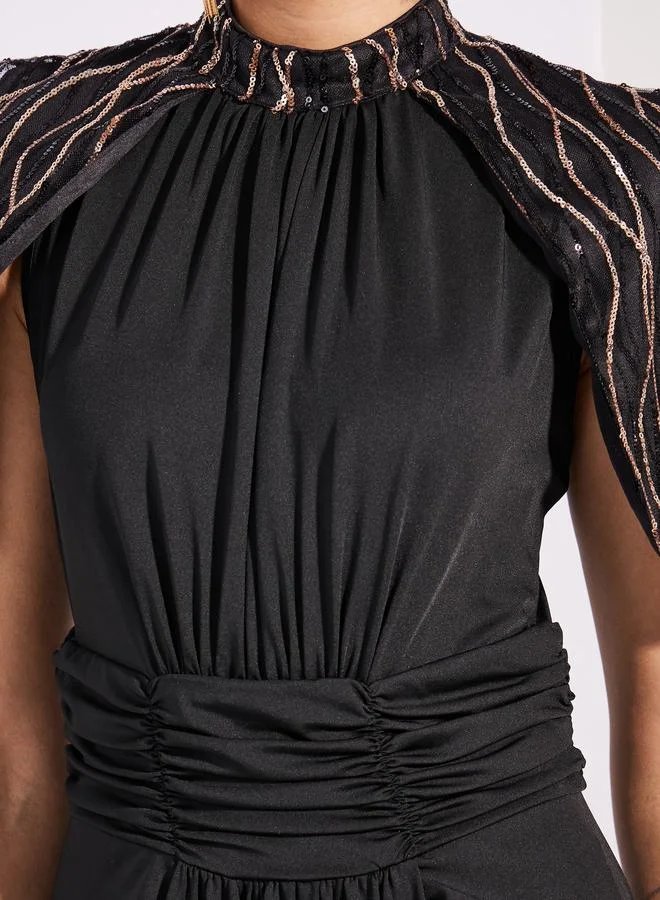 Styli Embellished Cape Empire Waist Maxi Dress