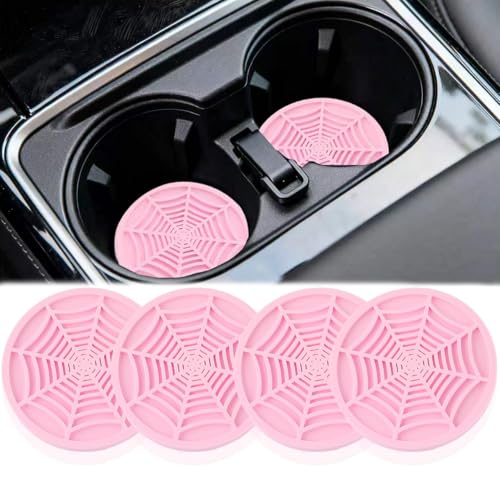 Salior 4PCS Silicone Car CoastersUnique Spider Web NonSlip Car Cup Holder Coaster Car Interior AccessoriesUniversal 275 Inch Car Drink Coaster for Women Men Pink - Image 1