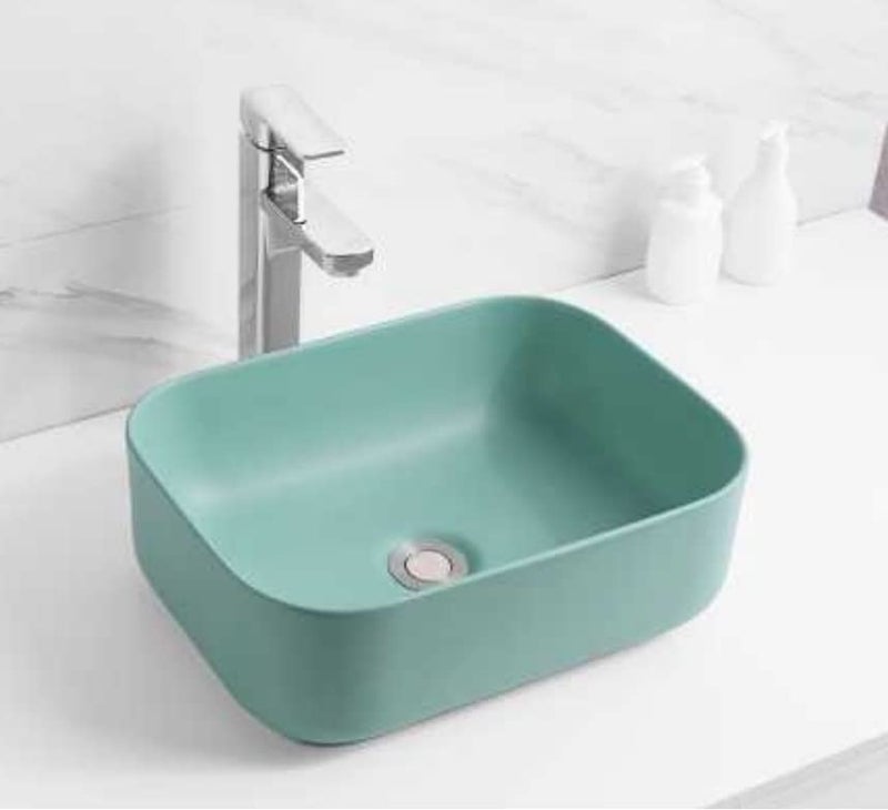 OBLONG Table Top Wash Basin Wash Basin Countertop Tabletop Ceramic Bathroom Sink Vessel Sink Over Counter Marble Wash Basin For Bathroom 16 x 12 inches Matt green - Image 1