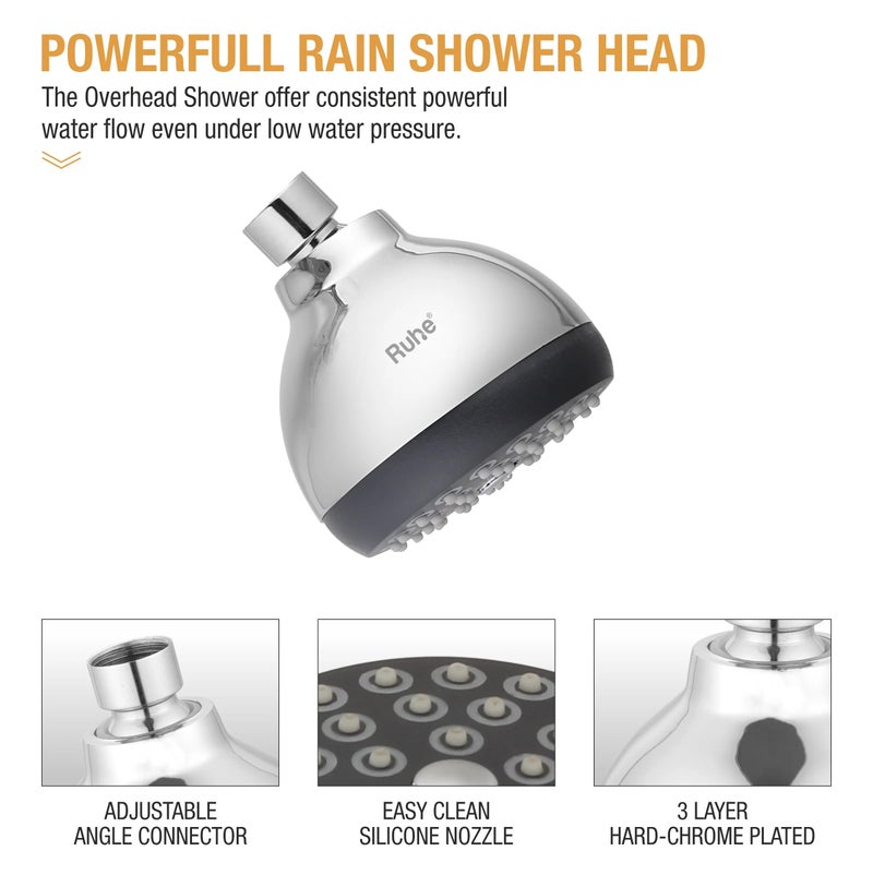 Ruhe® Beta ABS Overhead Shower Complete Set | 3 Inches Round Showerhead with 12 Inches Stainless Steel Shower Arm and Wall Flange | Chrome Finish Rain Shower with Easy-to-Clean Silicone Nozzles - Image 3