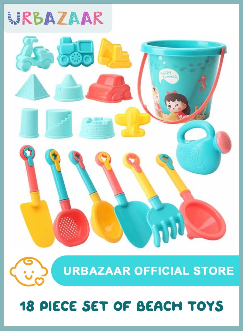 URbazaar 18 Pieces Beach Sand Toy Set,With Mesh Bag,Including Spoon,Jug,Bucket,Shaping Module,Shovel,Cartoon Outdoor Summer Toy Kit For Kids - Image 1