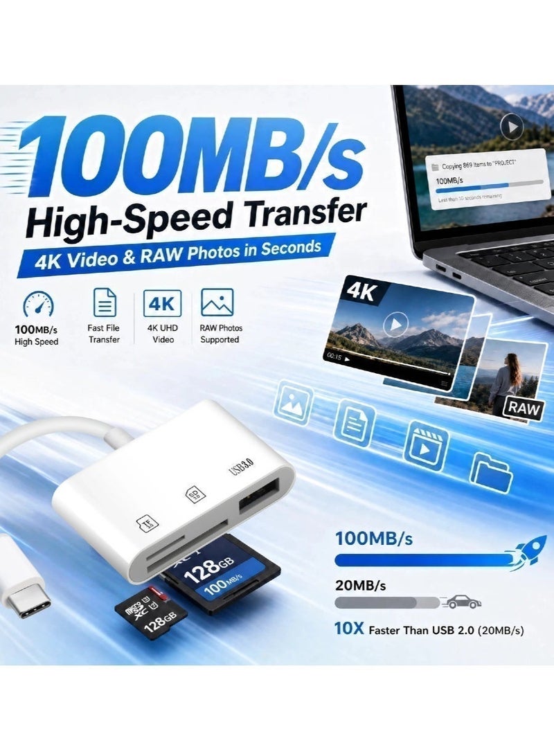 Aura Select Memory Card Readers Multi-functional 3-in-1 for iPhone 15/16, iPad Pro, MacBook, Android Phone, Camera, Dual Slot for SD/TF Cards,USB-C 3.0 100MB/s High Speed, with USB-A Hub Port - Image 3