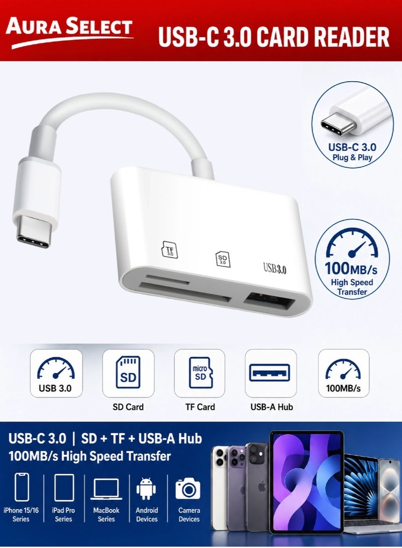 Aura Select Memory Card Readers Multi-functional 3-in-1 for iPhone 15/16, iPad Pro, MacBook, Android Phone, Camera, Dual Slot for SD/TF Cards,USB-C 3.0 100MB/s High Speed, with USB-A Hub Port - Image 1