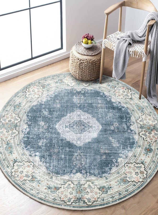 MUJOO Blue Round Rug 4ft,Circle Washable Area Rugs for Bedroom Living Room Bathroom,Boho Small Non Slip Circular Carpet, Floral - Image 1