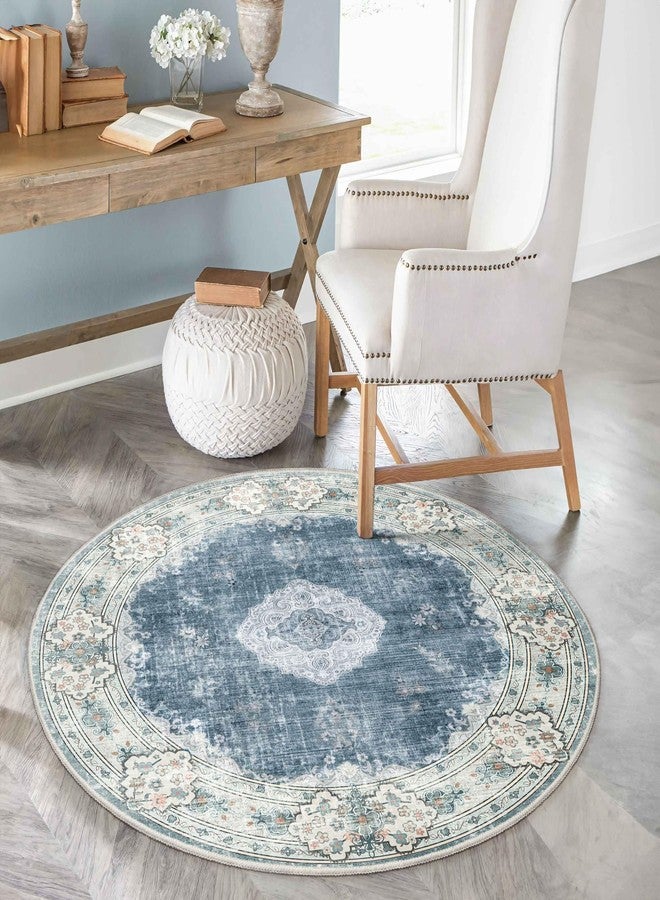 MUJOO Blue Round Rug 4ft,Circle Washable Area Rugs for Bedroom Living Room Bathroom,Boho Small Non Slip Circular Carpet, Floral - Image 2