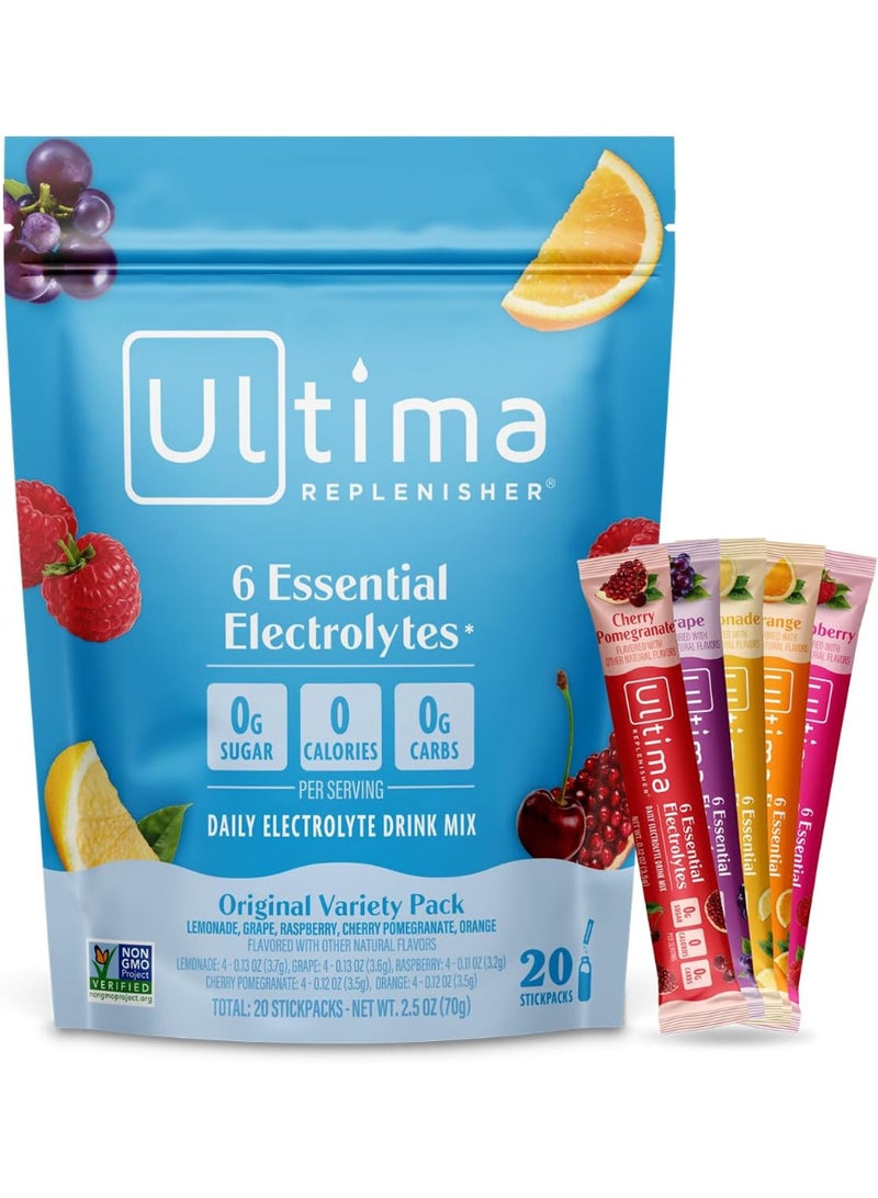 Ultima Replenisher Daily Electrolyte Powder – Original Variety Pack, 20 Stickpacks – Zero Sugar Hydration Packets with 6 Electrolytes and Minerals – Sugar Free, Plant Based & Keto Friendly​ Drink Mix - Image 1