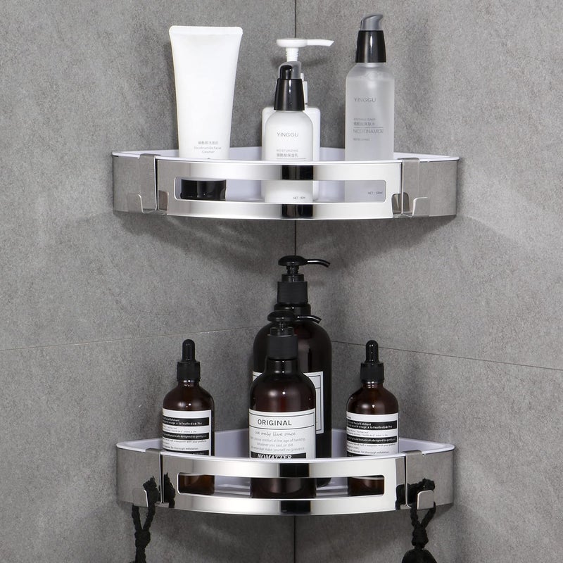 DUFU Corner Shower Caddy Adhesive Bathroom Shelves, Wall Mounted Storage Organizer with Hooks, No Drilling SUS304 Stainless Steel Rustproof Shower Racks for Dorm, Kitchen and Toilet - 2 Pack (Silver) - Image 1