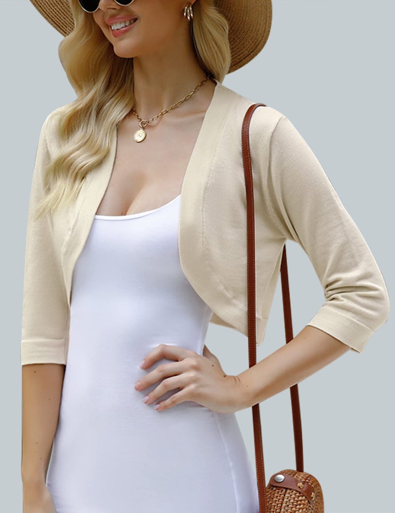 iClosam كارديغان قصير بأكمام 3/4 للنساء من iClosam، بولو مفتوح، سترة محبوكة (صغير، بيج) - Image 2