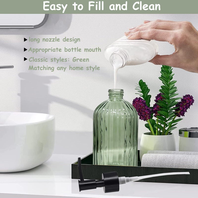 YYTSGG Green Glass Soap Dispenser Set with Black Pump, 13.5oz Refillable Liquid Hand Soap Dispenser, Lotion Dish Soap Dispenser for Modern Home Decor, Bathroom, Kitchen Countertop, Hotel(2 Pack) - Image 3