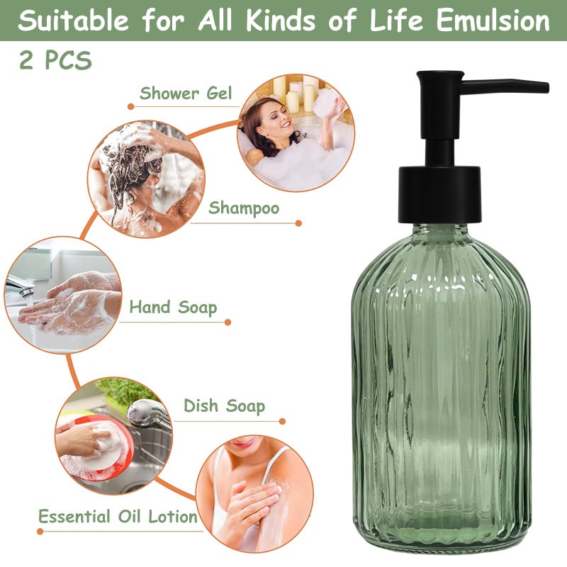 YYTSGG Green Glass Soap Dispenser Set with Black Pump, 13.5oz Refillable Liquid Hand Soap Dispenser, Lotion Dish Soap Dispenser for Modern Home Decor, Bathroom, Kitchen Countertop, Hotel(2 Pack) - Image 4