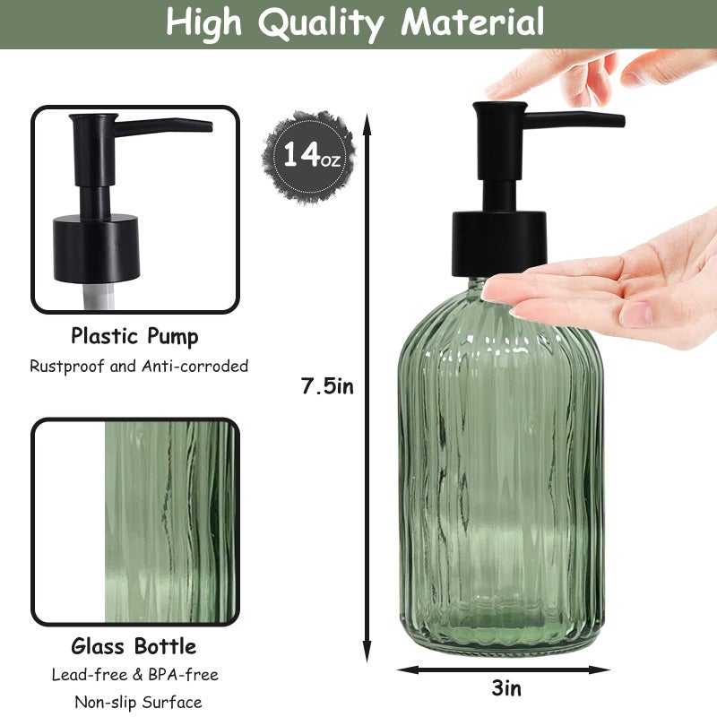 YYTSGG Green Glass Soap Dispenser Set with Black Pump, 13.5oz Refillable Liquid Hand Soap Dispenser, Lotion Dish Soap Dispenser for Modern Home Decor, Bathroom, Kitchen Countertop, Hotel(2 Pack) - Image 2