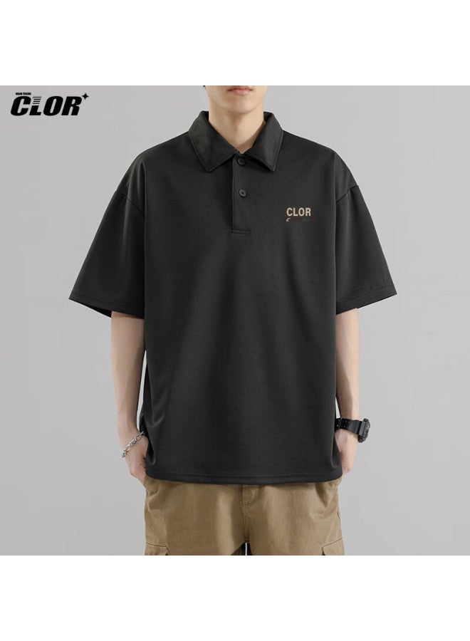 Clor Casual T-shirt For Men, Trendy Polo Collar Top, Lightweight Summer Loose Undershirt, Short-sleeve Pl02 Black 3XL - Image 1