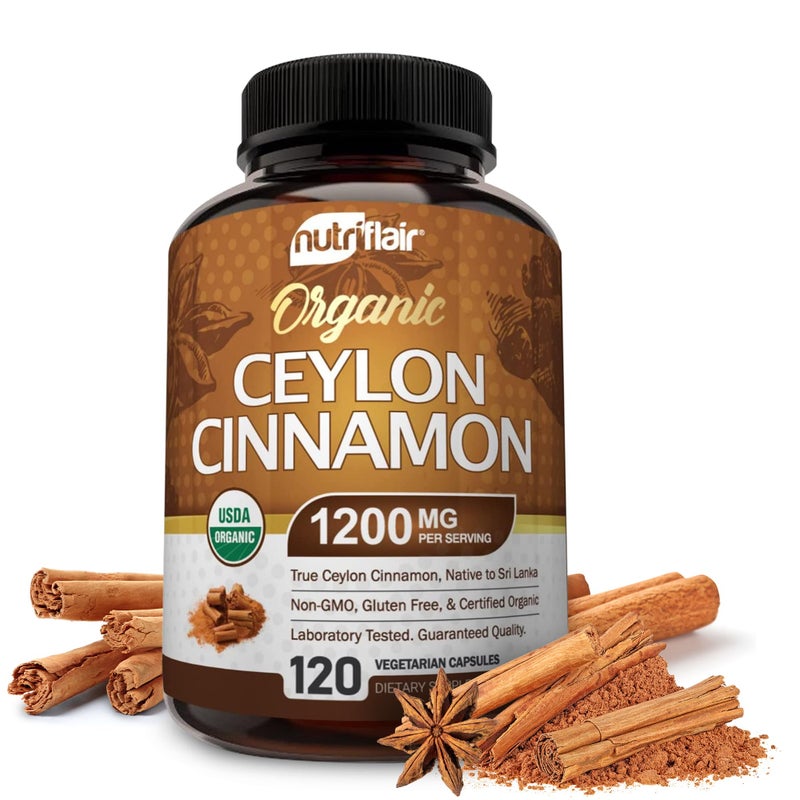 NutriFlair Organic Ceylon Cinnamon Supplement 1200mg 120 Capsules USDA Certified NonGMO Gluten Free Powder Antioxidant Pills