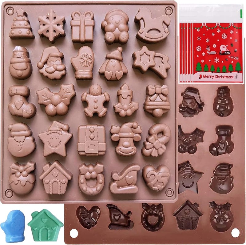 EASHOPBAL Christmas Chocolate Molds Silicone, Christmas Silicone Molds with Candy Bags for Gummy Candy Resin Soap Wax Melts Ice Cube Jelly 25 Shapes - Image 1