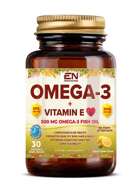 Omega 3 + Vitamin E Softgels, 30 Count – Heart, Brain & Wellness Support, DHA & EPA Formula