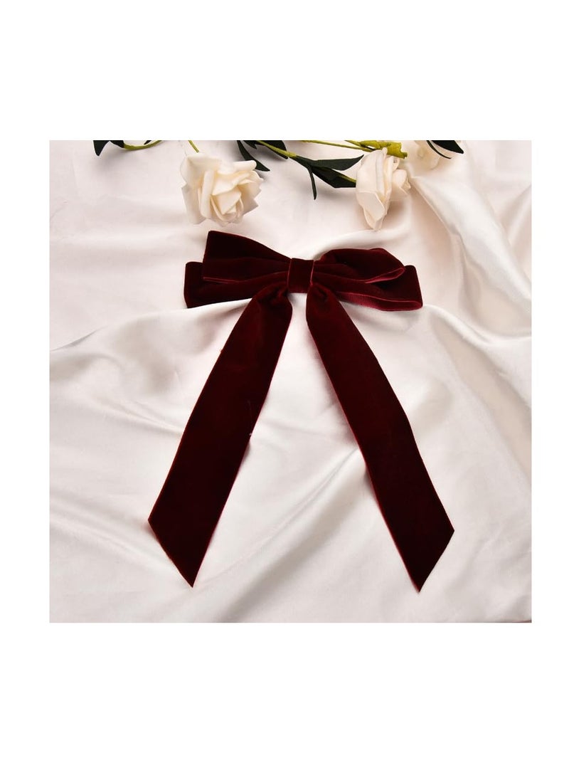 Xiyantiji - Velvet Bows for Girls Red Ribbon Bow Hair Clips Long Tail French Hair Barrettes for Women Dark Red Bow Hair Accessories for Toddlers Velvet Christmas Bows for Hair Alligator Clip - Image 1