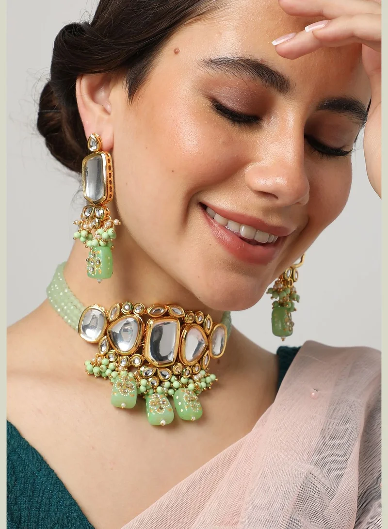 SOHI Gold Plated Kundan Beads Necklace and Earring Set