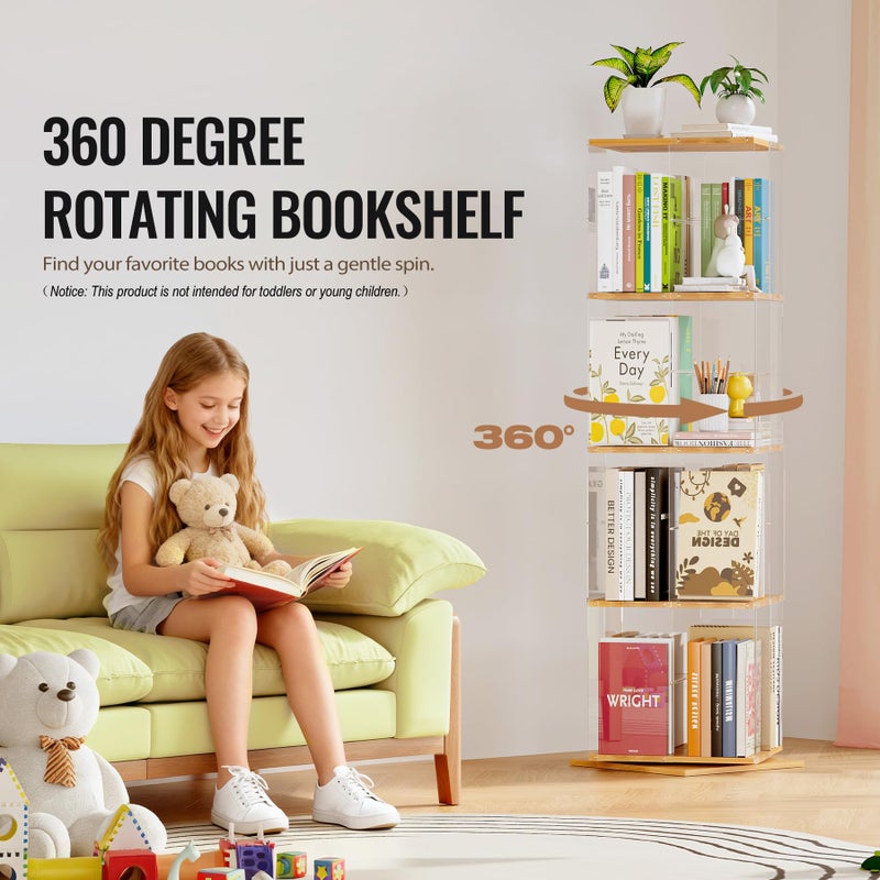 TAKEKIT Rotating Bookshelf, 360 Degree Revolving Bookcase, 4-Tier Spinning Bookshelf, Clear Acrylic & Solid Wood Rotating Bookcase for Kidâ€™s Playroom, Bedroom and Living Room, Square - Image 3