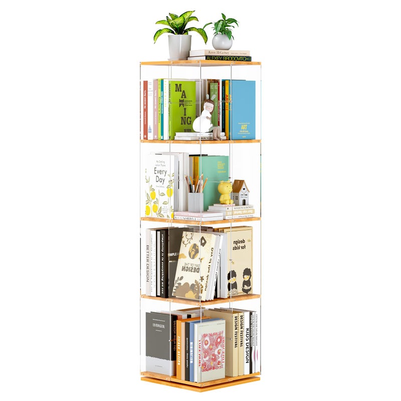 TAKEKIT Rotating Bookshelf, 360 Degree Revolving Bookcase, 4-Tier Spinning Bookshelf, Clear Acrylic & Solid Wood Rotating Bookcase for Kidâ€™s Playroom, Bedroom and Living Room, Square - Image 1