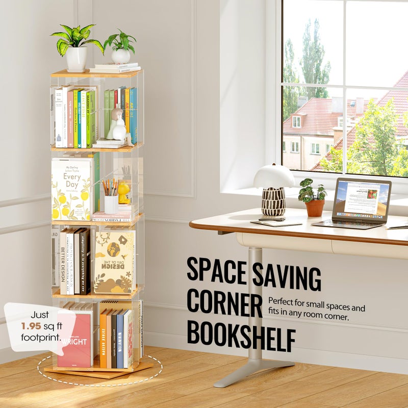 TAKEKIT Rotating Bookshelf, 360 Degree Revolving Bookcase, 4-Tier Spinning Bookshelf, Clear Acrylic & Solid Wood Rotating Bookcase for Kidâ€™s Playroom, Bedroom and Living Room, Square - Image 5