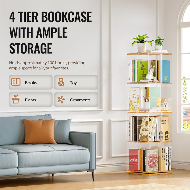 TAKEKIT Rotating Bookshelf, 360 Degree Revolving Bookcase, 4-Tier Spinning Bookshelf, Clear Acrylic & Solid Wood Rotating Bookcase for Kidâ€™s Playroom, Bedroom and Living Room, Square - Image 4