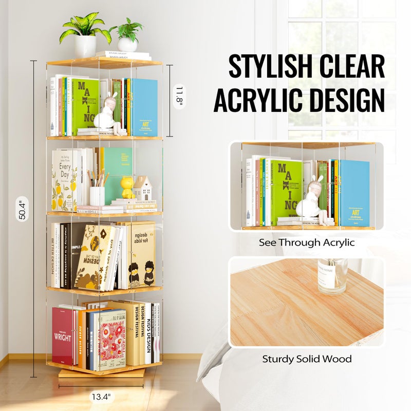 TAKEKIT Rotating Bookshelf, 360 Degree Revolving Bookcase, 4-Tier Spinning Bookshelf, Clear Acrylic & Solid Wood Rotating Bookcase for Kidâ€™s Playroom, Bedroom and Living Room, Square - Image 2