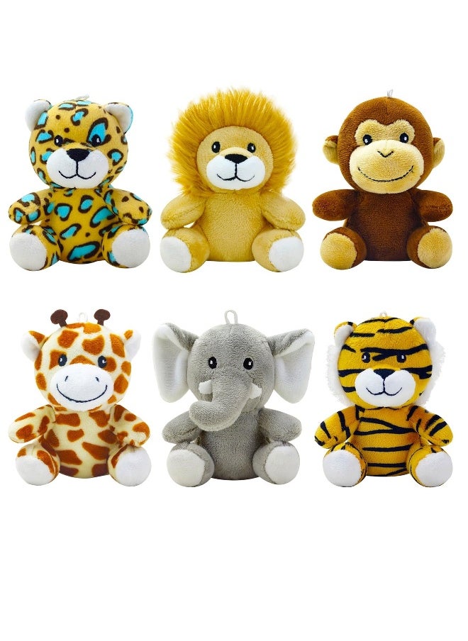 Toy 6 Piece Mini Jungle Stuffed Animals Set Lion Tiger Elephant Giraffe Leopard Monkey Soft Plush Toys for Animal and Woodland Themed Parties for Classroom Prizes and Gift for Boys and Girls 