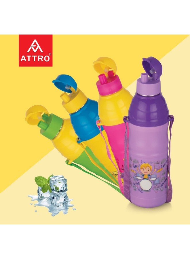 Attro Sky Kool-Sip 600 Inner Stainless Steel Insulated 490ml Water Bottle for Kids, Air Tight & Leak-Proof Lid, Easy to Cary Nylon Belt, BPA Free Plastic - Yellow - Image 2