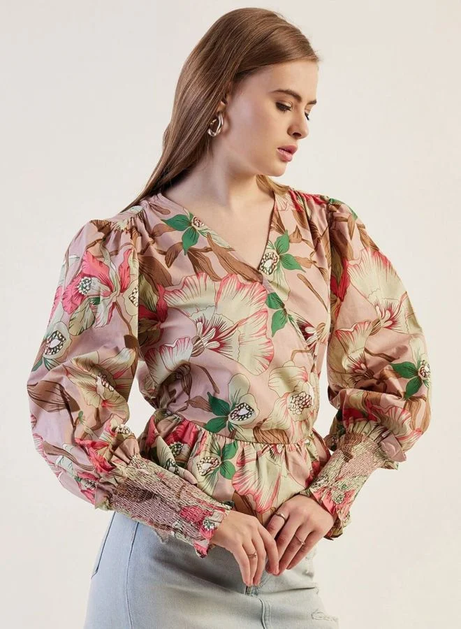 Freehand  Women Fit and Flared Floral Printed V-Neck Long Sleeve Wrap Top  | Best Price UAE