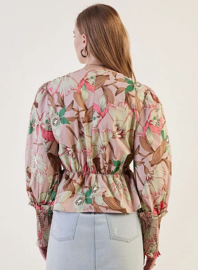 Freehand  Women Fit and Flared Floral Printed V-Neck Long Sleeve Wrap Top  | Best Price UAE