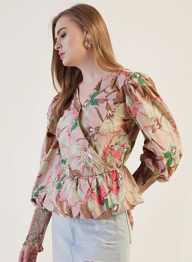 Freehand  Women Fit and Flared Floral Printed V-Neck Long Sleeve Wrap Top  | Best Price UAE