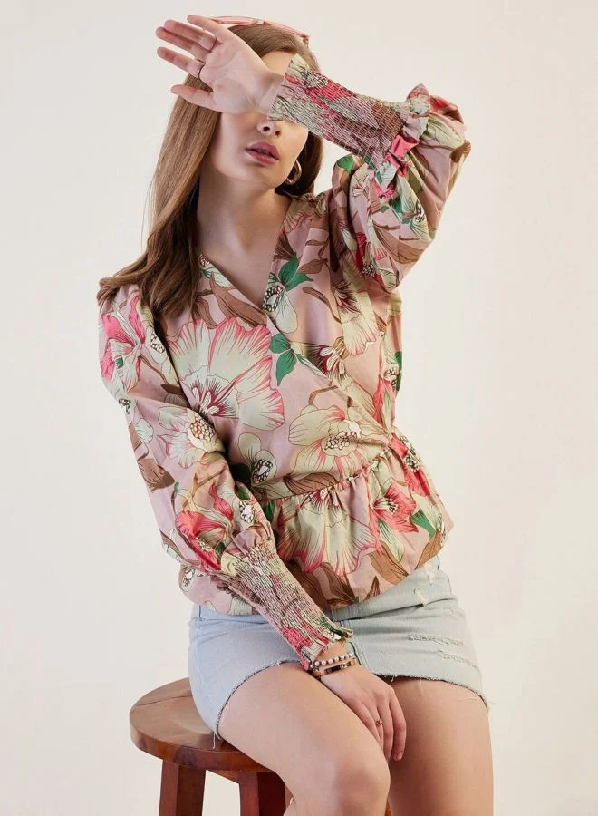 Freehand  Women Fit and Flared Floral Printed V-Neck Long Sleeve Wrap Top  | Best Price UAE