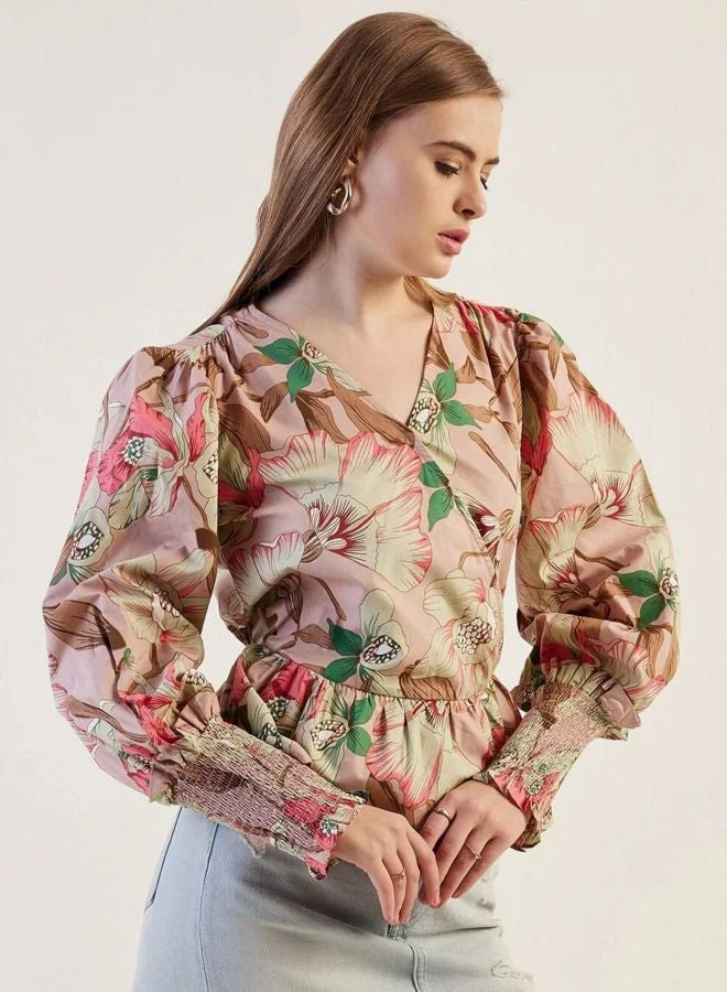 Freehand Women Fit and Flared Floral Printed V-Neck Long Sleeve Wrap Top